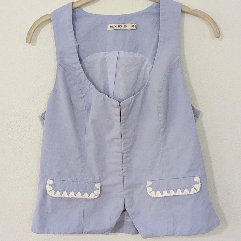 Anthropologie Mon Renn Lisle Vest Top Hook & Eye Embroidered Blue White Medium M